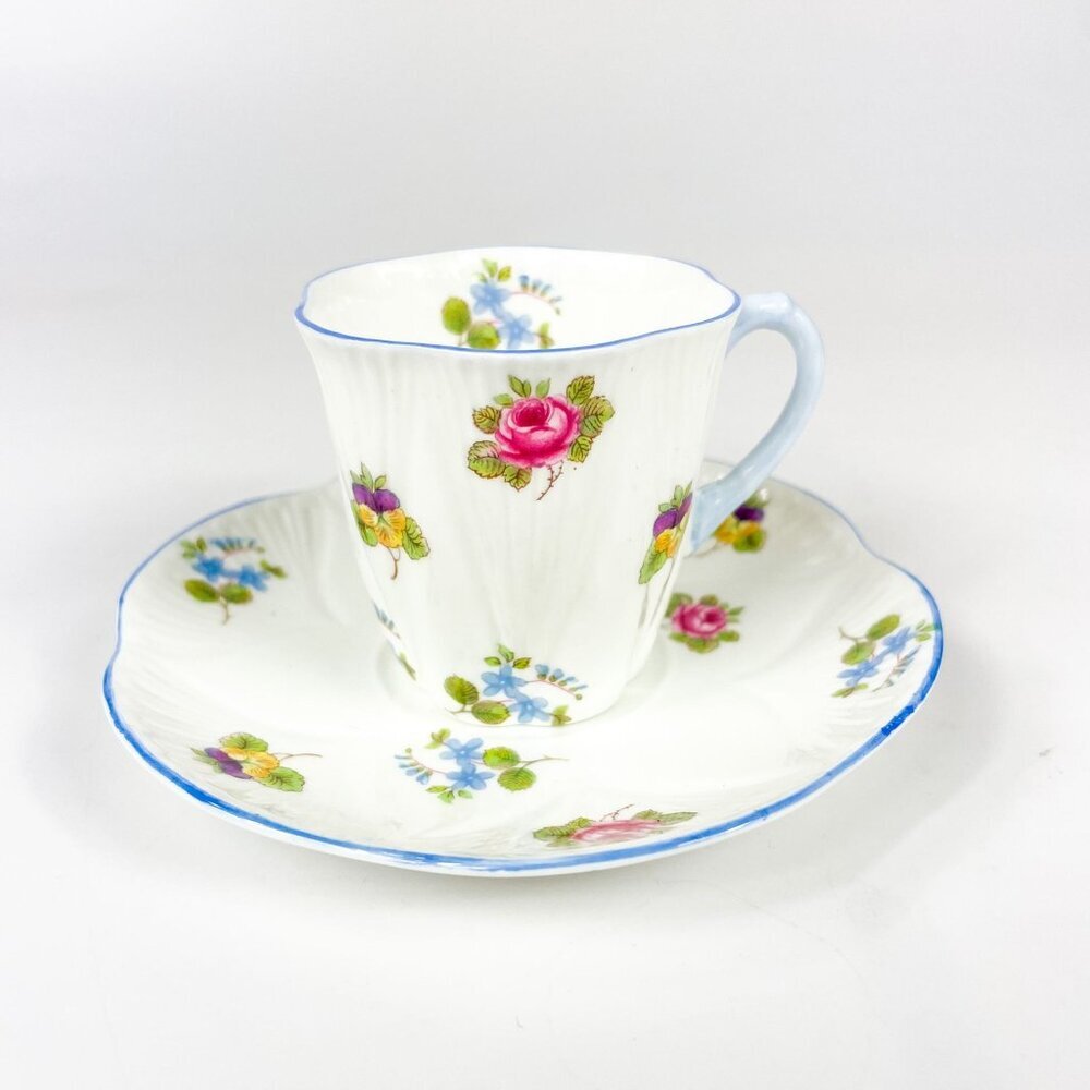 Shelley Fine Bone China Demitasse Rose Pansy Forget Me Not Cup and Saucer Set